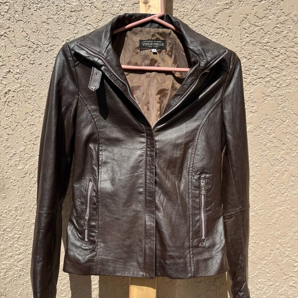 Italian Vera Pelle Brown Leather Moto Jacket | Made in Italy | Slim Fit US 8